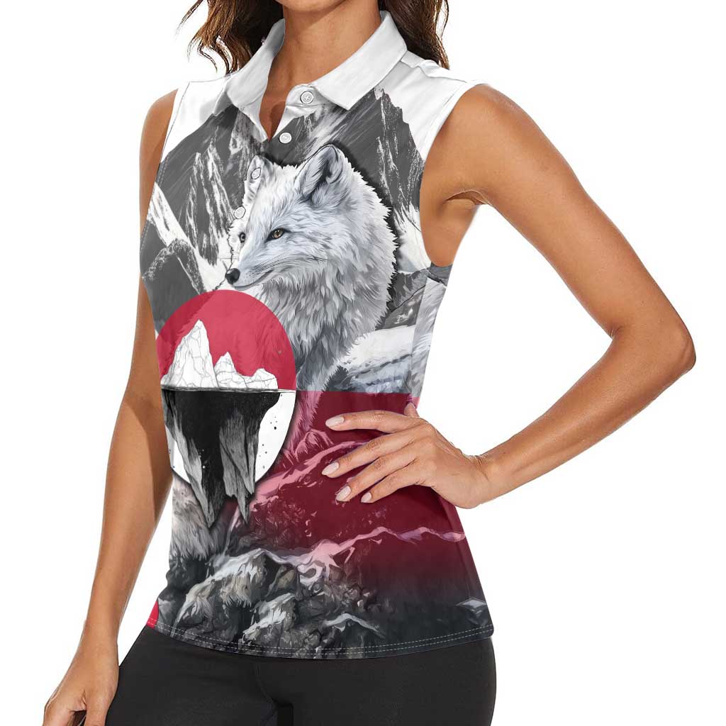 Greenland Women Sleeveless Polo Shirt with Arctic Fox, Mountains, and Frozen Yet Fierce Text Design