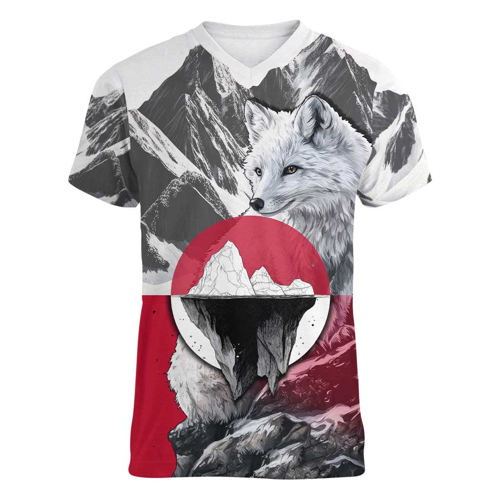 Greenland Women V-Neck T-Shirt with Arctic Fox, Mountains, and Frozen Yet Fierce Text Design