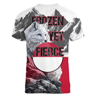 Greenland Women V-Neck T-Shirt with Arctic Fox, Mountains, and Frozen Yet Fierce Text Design