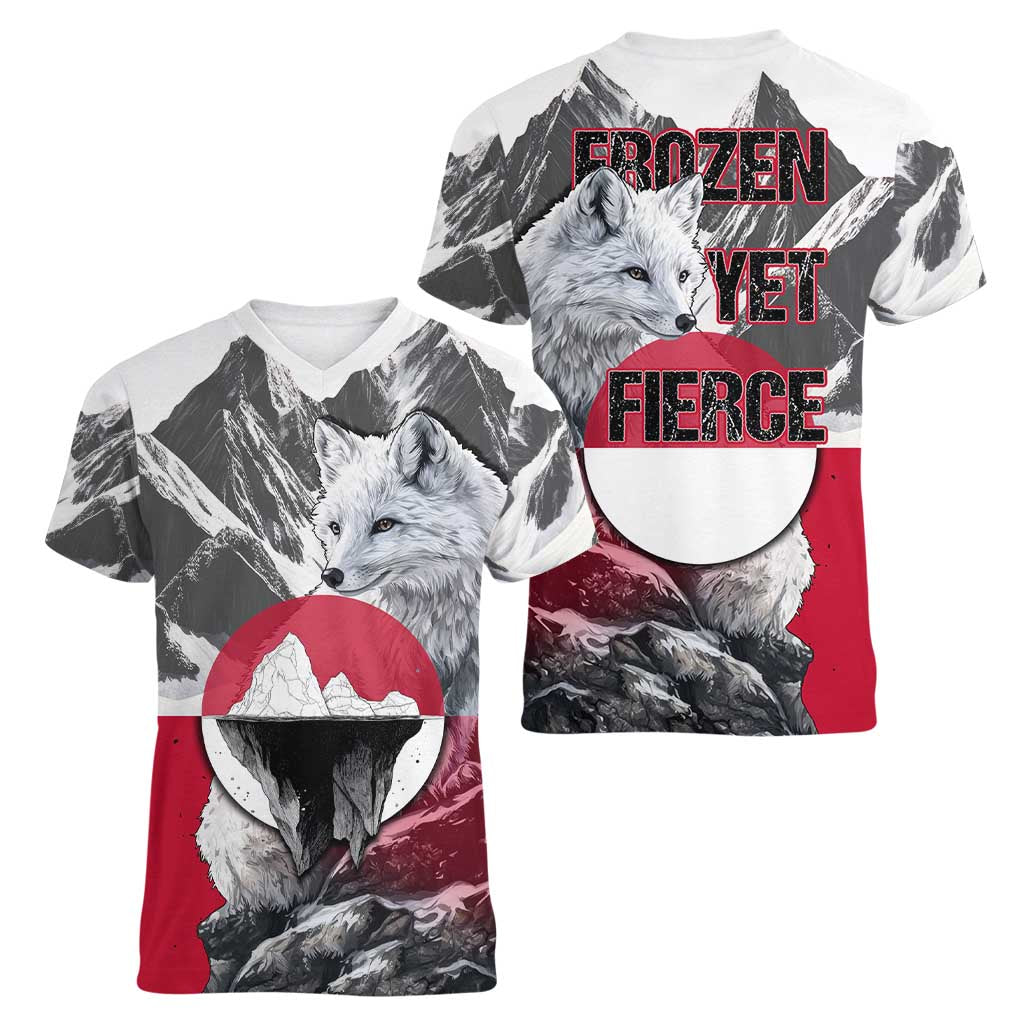 Greenland Women V-Neck T-Shirt with Arctic Fox, Mountains, and Frozen Yet Fierce Text Design