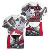 Greenland Women V-Neck T-Shirt with Arctic Fox, Mountains, and Frozen Yet Fierce Text Design