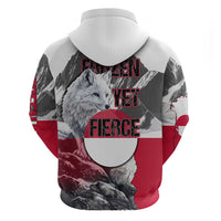 Greenland Zip Hoodie with Arctic Fox, Mountains, and Frozen Yet Fierce Text Design