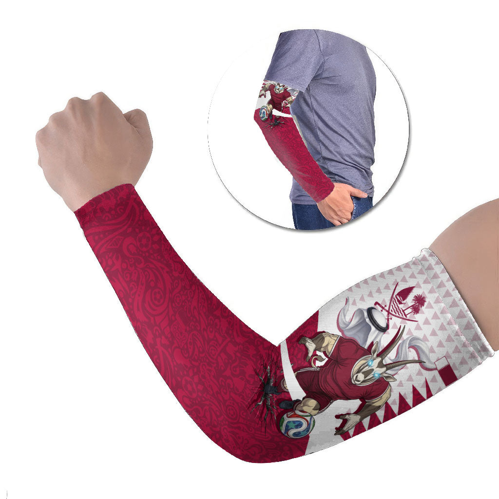 Personalized Qatar Soccer Arm Sleeves Arabian Oryx Football Mascot - Comic Art Geometric