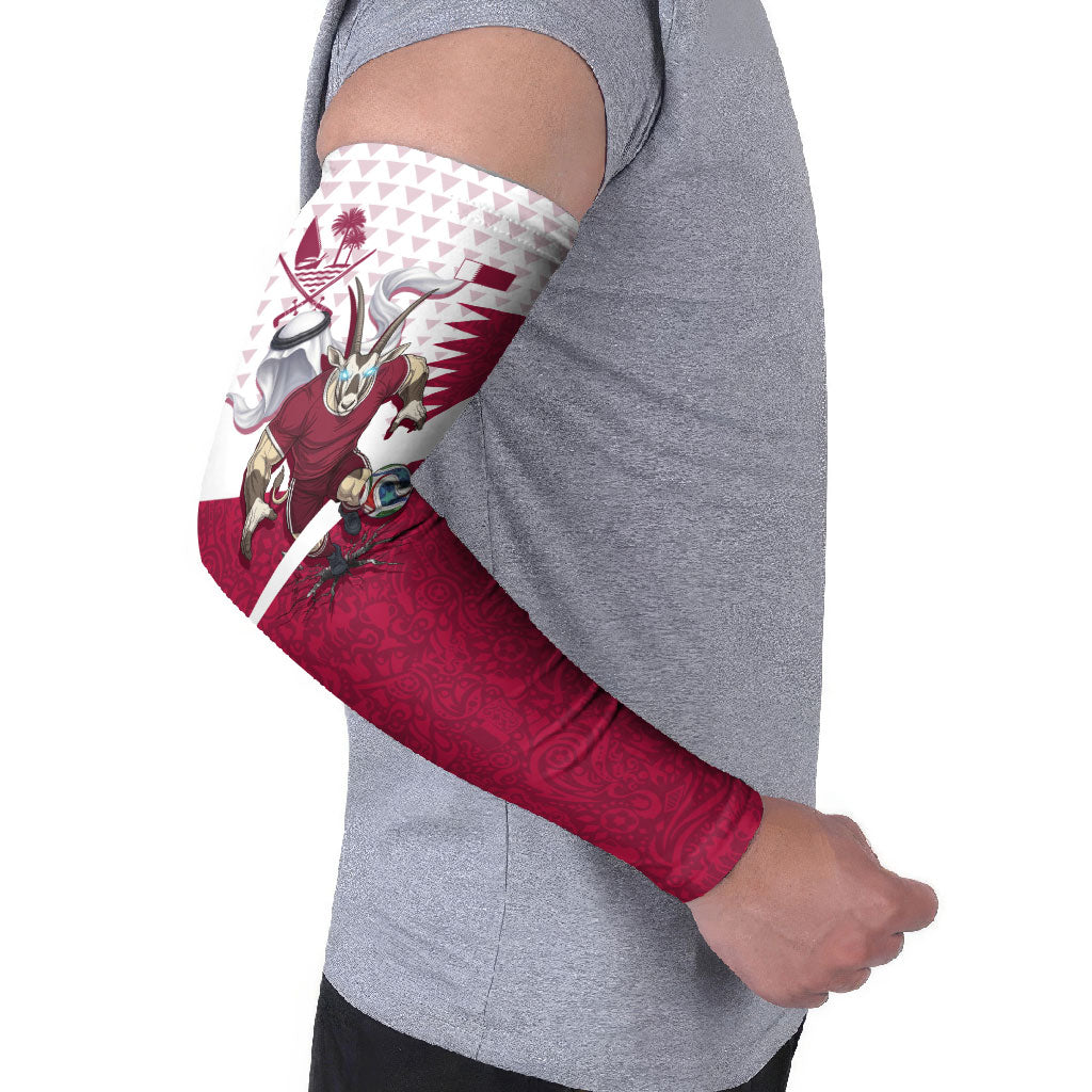 Personalized Qatar Soccer Arm Sleeves Arabian Oryx Football Mascot - Comic Art Geometric