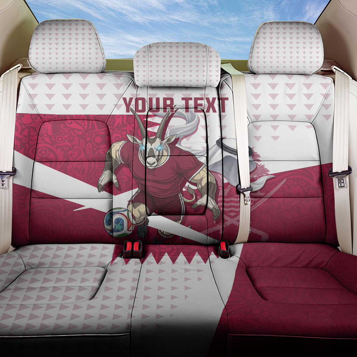 Personalized Qatar Soccer Back Car Seat Cover Arabian Oryx Football Mascot - Comic Art Geometric