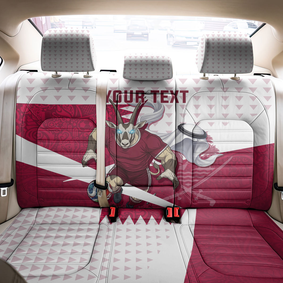 Personalized Qatar Soccer Back Car Seat Cover Arabian Oryx Football Mascot - Comic Art Geometric