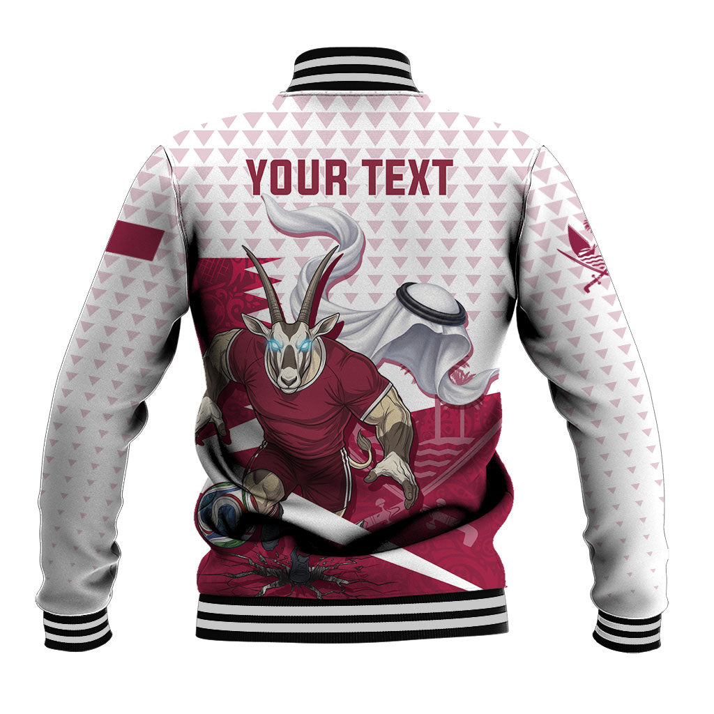 Personalized Qatar Soccer Baseball Jacket Arabian Oryx Football Mascot - Comic Art Geometric
