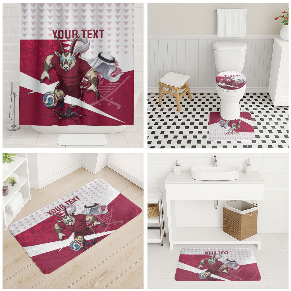 Personalized Qatar Soccer Bathroom Set Arabian Oryx Football Mascot - Comic Art Geometric