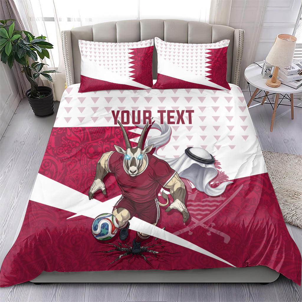 Personalized Qatar Soccer Bedding Set Arabian Oryx Football Mascot - Comic Art Geometric