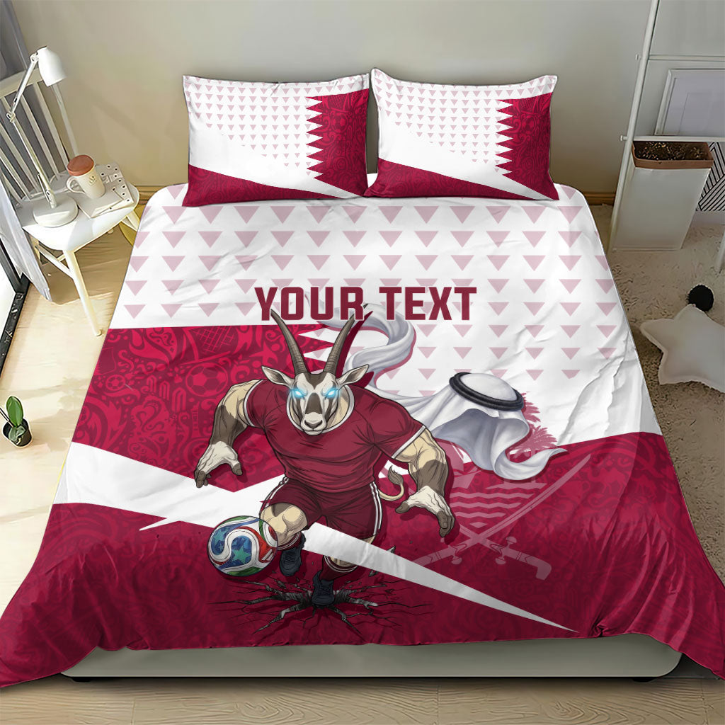 Personalized Qatar Soccer Bedding Set Arabian Oryx Football Mascot - Comic Art Geometric