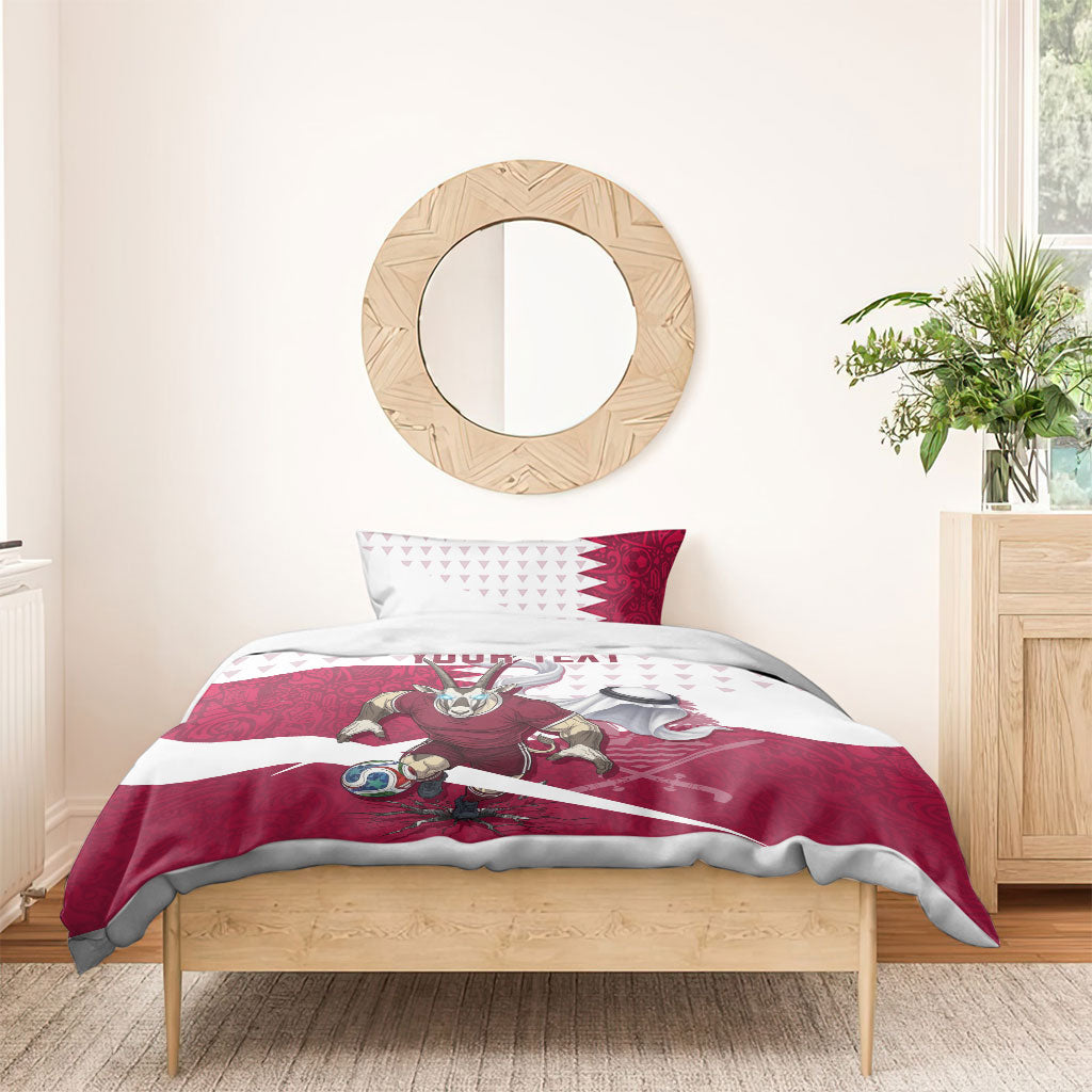Personalized Qatar Soccer Bedding Set Arabian Oryx Football Mascot - Comic Art Geometric