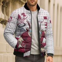 Personalized Qatar Soccer Bomber Puffer Jacket Arabian Oryx Football Mascot - Comic Art Geometric