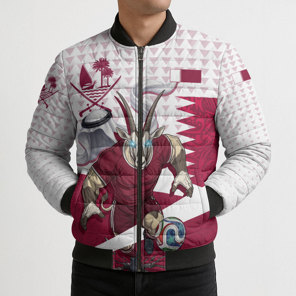 Personalized Qatar Soccer Bomber Puffer Jacket Arabian Oryx Football Mascot - Comic Art Geometric