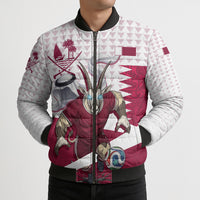Personalized Qatar Soccer Bomber Puffer Jacket Arabian Oryx Football Mascot - Comic Art Geometric