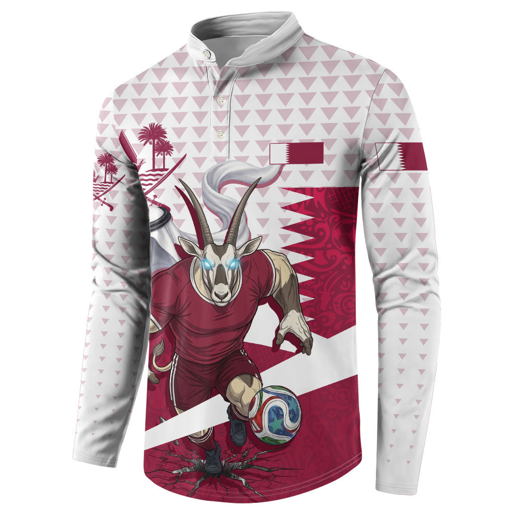 Personalized Qatar Soccer Button Sweatshirt Arabian Oryx Football Mascot - Comic Art Geometric