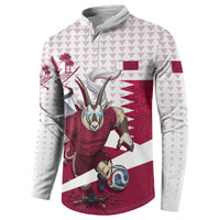 Personalized Qatar Soccer Button Sweatshirt Arabian Oryx Football Mascot - Comic Art Geometric