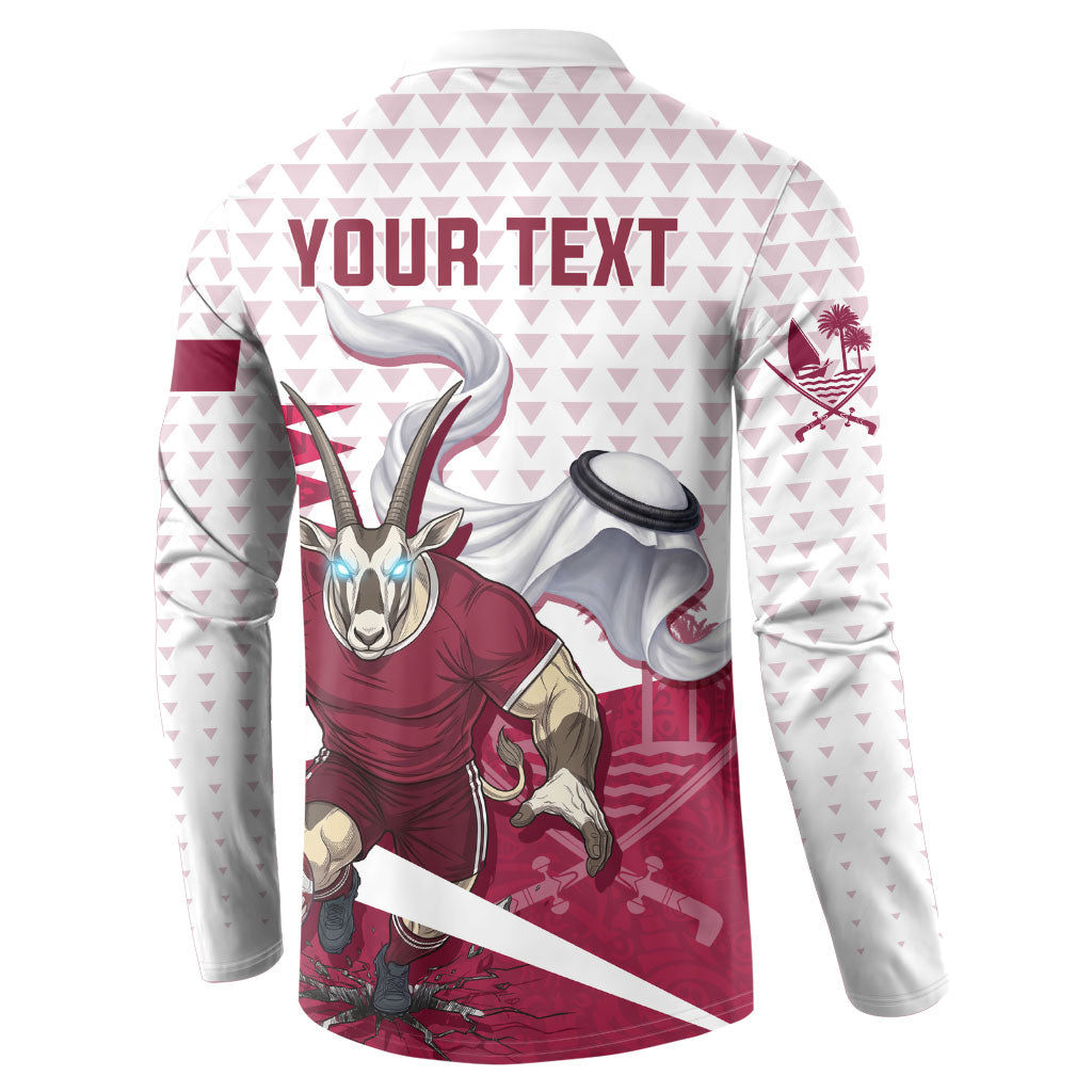 Personalized Qatar Soccer Button Sweatshirt Arabian Oryx Football Mascot - Comic Art Geometric