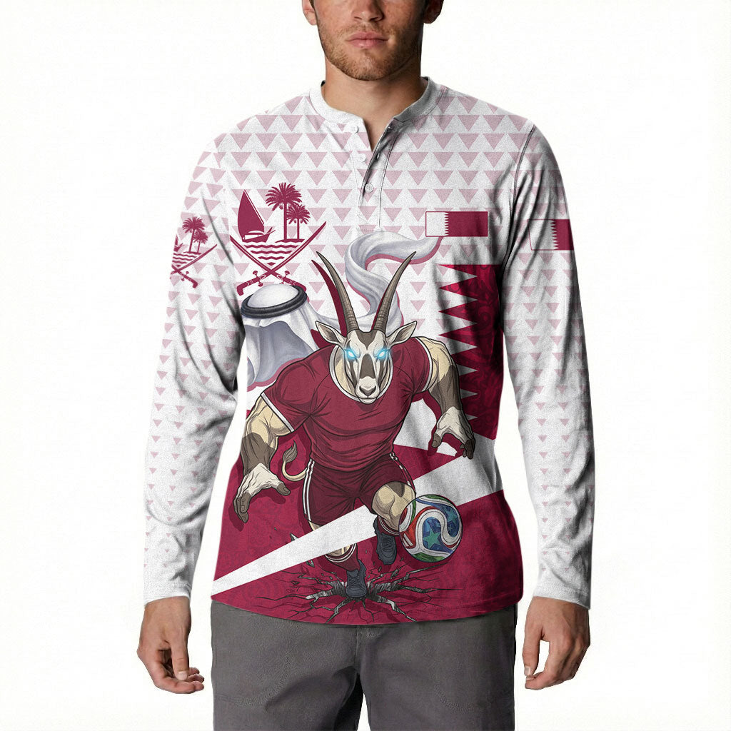 Personalized Qatar Soccer Button Sweatshirt Arabian Oryx Football Mascot - Comic Art Geometric