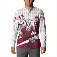 Personalized Qatar Soccer Button Sweatshirt Arabian Oryx Football Mascot - Comic Art Geometric