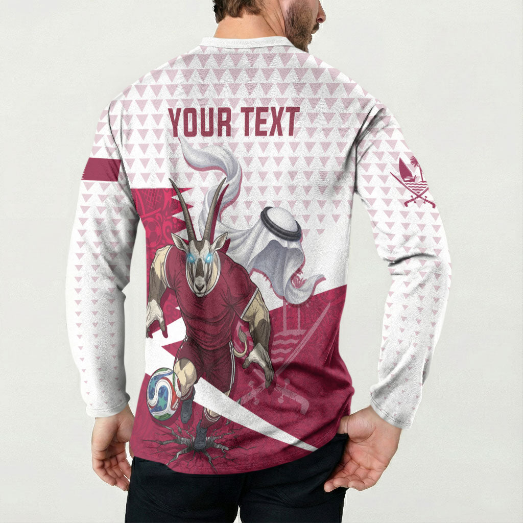 Personalized Qatar Soccer Button Sweatshirt Arabian Oryx Football Mascot - Comic Art Geometric