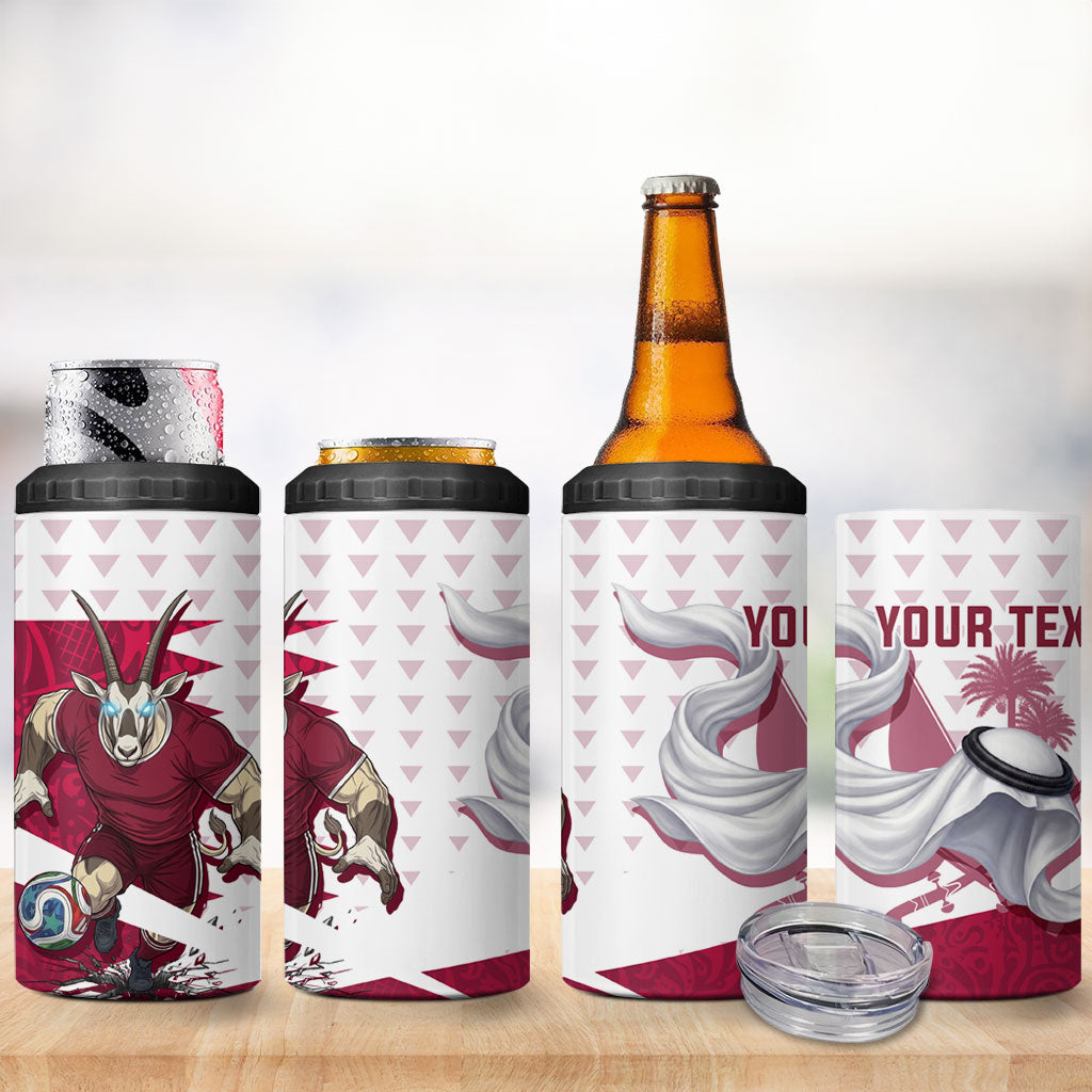 Personalized Qatar Soccer 4 in 1 Can Cooler Tumbler Arabian Oryx Football Mascot - Comic Art Geometric
