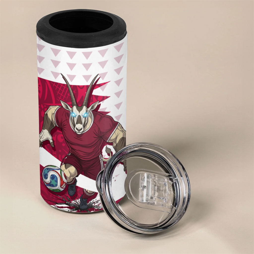 Personalized Qatar Soccer 4 in 1 Can Cooler Tumbler Arabian Oryx Football Mascot - Comic Art Geometric