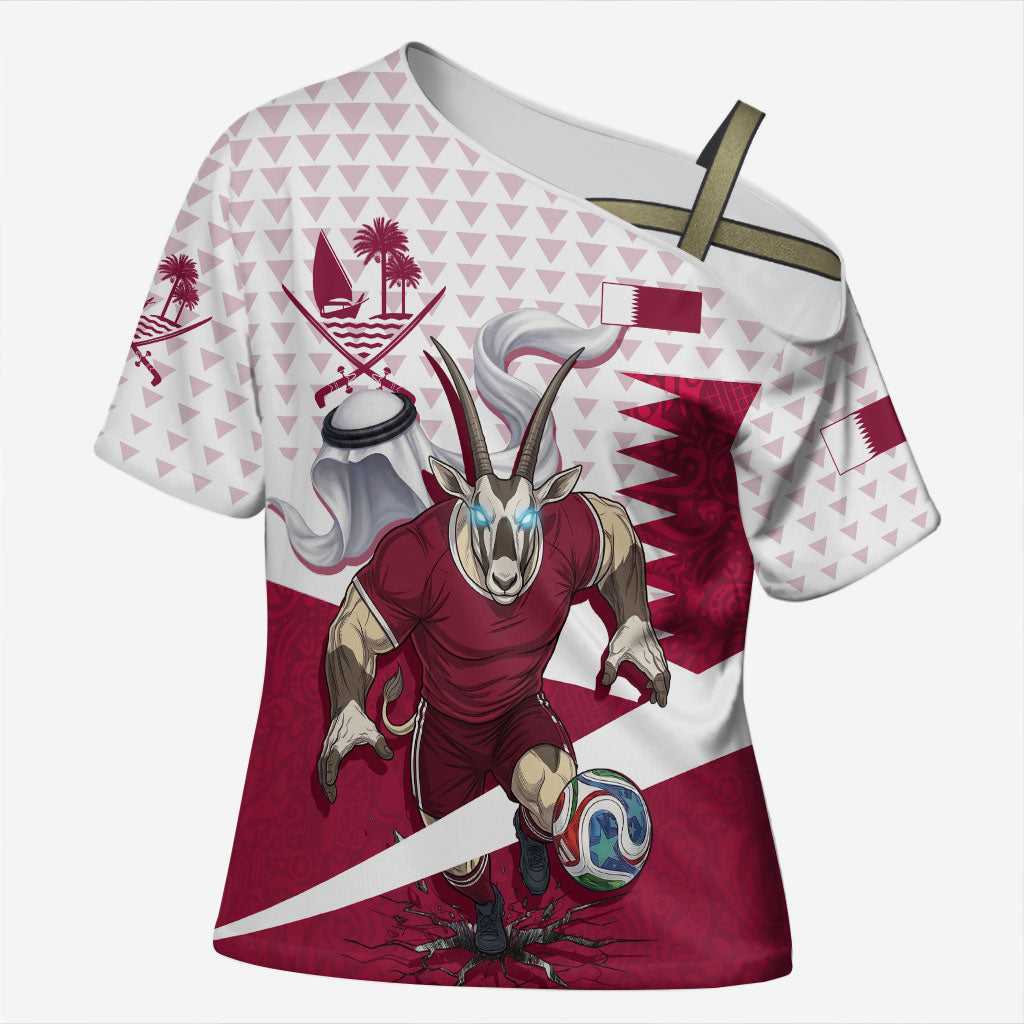 Personalized Qatar Soccer Cross Shoulder Shirt Arabian Oryx Football Mascot - Comic Art Geometric