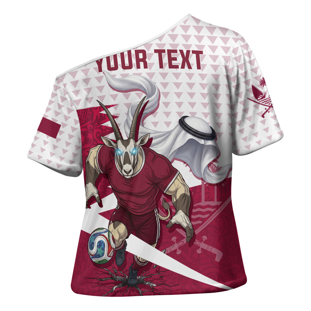 Personalized Qatar Soccer Cross Shoulder Shirt Arabian Oryx Football Mascot - Comic Art Geometric