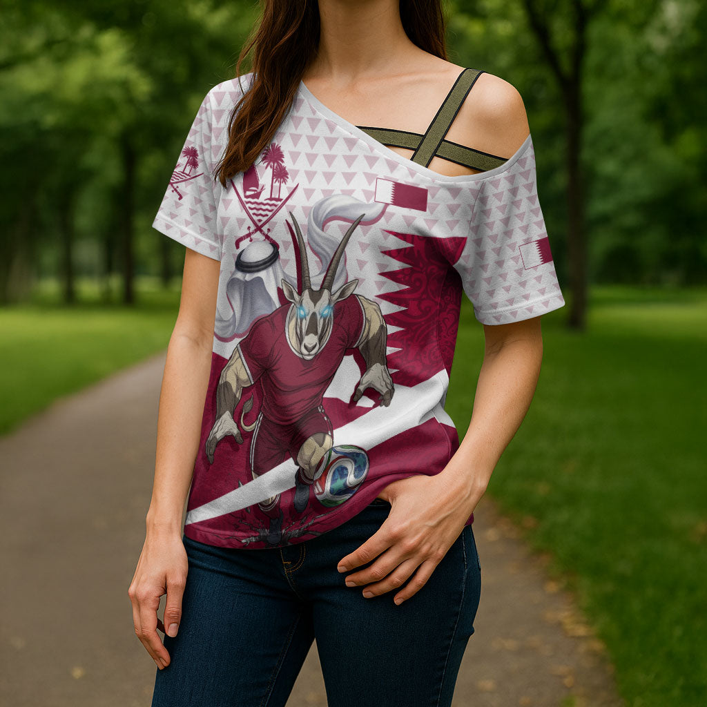 Personalized Qatar Soccer Cross Shoulder Shirt Arabian Oryx Football Mascot - Comic Art Geometric