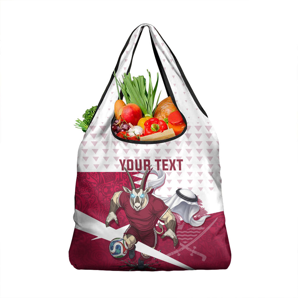 Personalized Qatar Soccer Grocery Bag Arabian Oryx Football Mascot - Comic Art Geometric