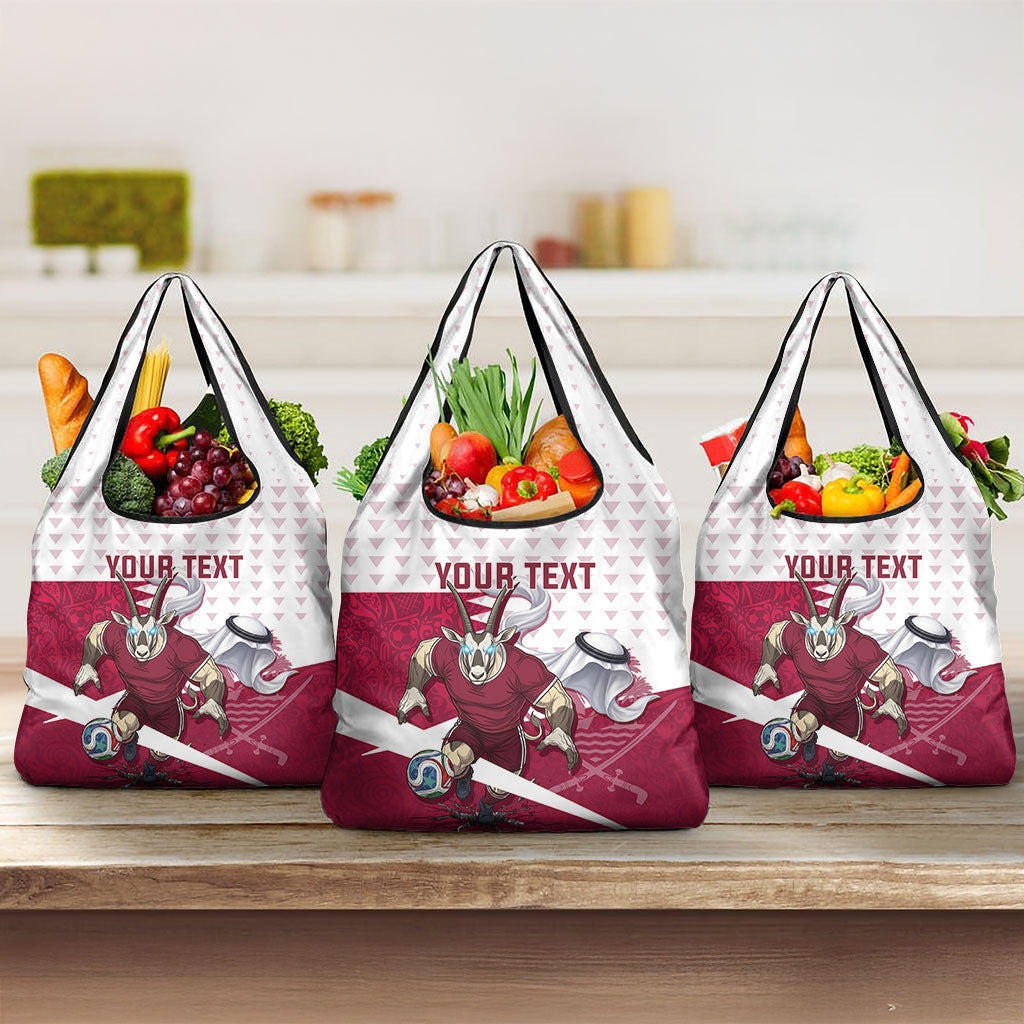 Personalized Qatar Soccer Grocery Bag Arabian Oryx Football Mascot - Comic Art Geometric