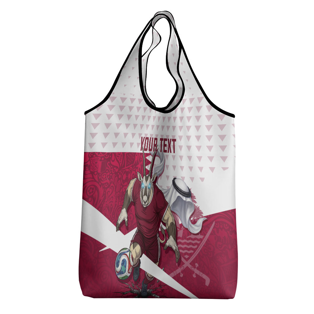Personalized Qatar Soccer Grocery Bag Arabian Oryx Football Mascot - Comic Art Geometric