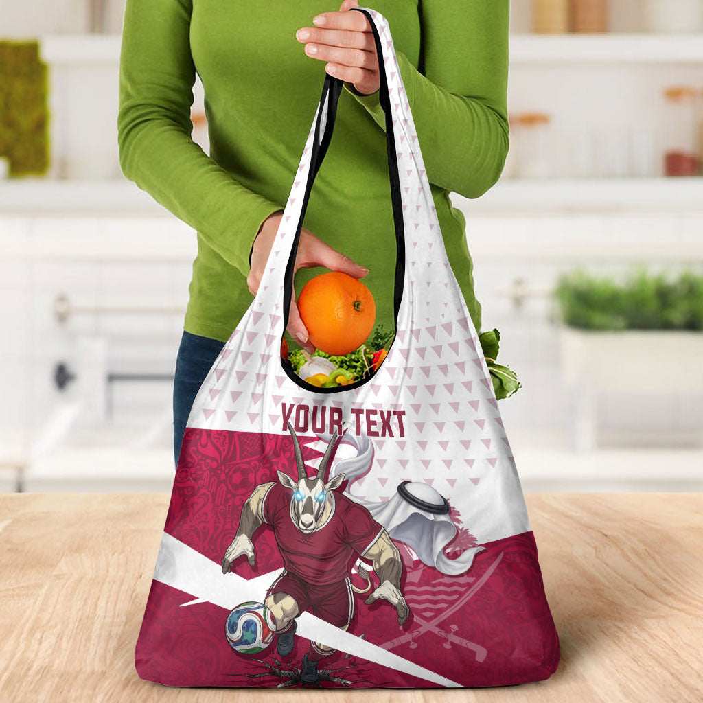 Personalized Qatar Soccer Grocery Bag Arabian Oryx Football Mascot - Comic Art Geometric
