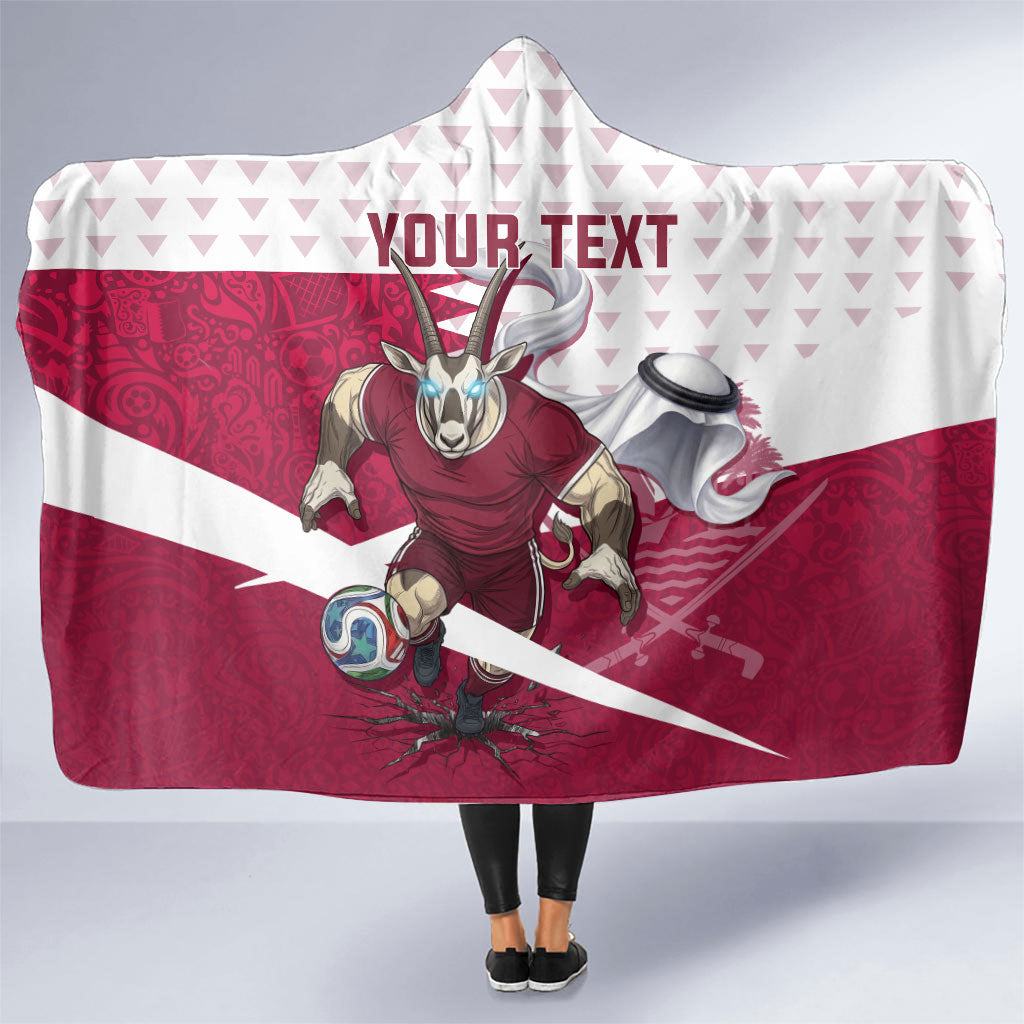 Personalized Qatar Soccer Hooded Blanket Arabian Oryx Football Mascot - Comic Art Geometric
