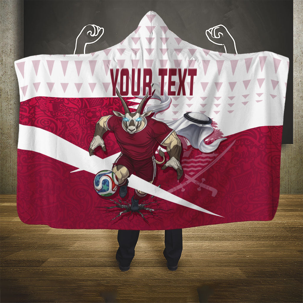 Personalized Qatar Soccer Hooded Blanket Arabian Oryx Football Mascot - Comic Art Geometric