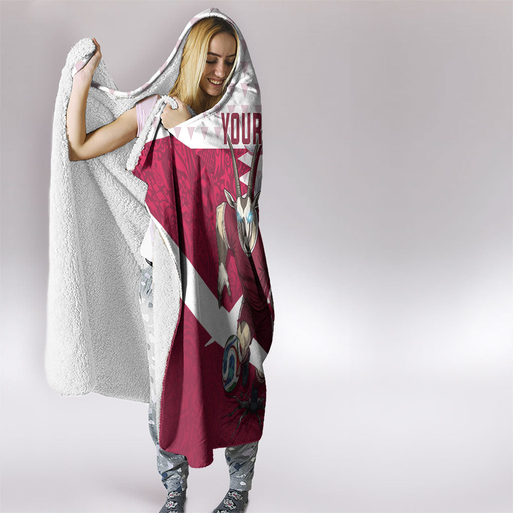 Personalized Qatar Soccer Hooded Blanket Arabian Oryx Football Mascot - Comic Art Geometric