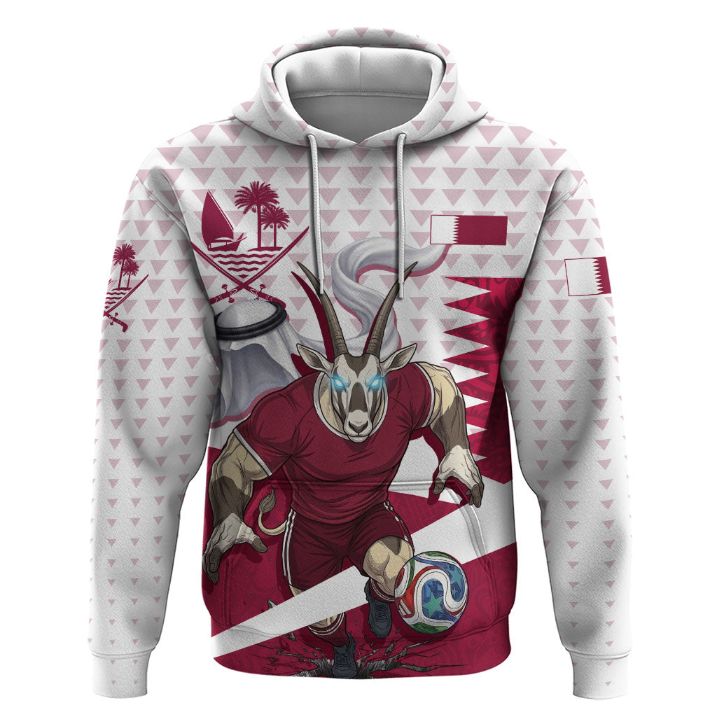 Personalized Qatar Soccer Hoodie Arabian Oryx Football Mascot - Comic Art Geometric