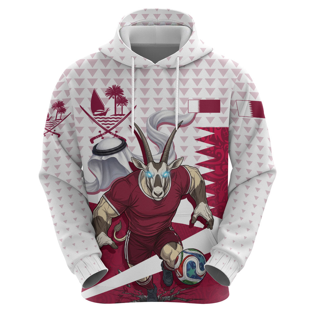 Personalized Qatar Soccer Hoodie Arabian Oryx Football Mascot - Comic Art Geometric