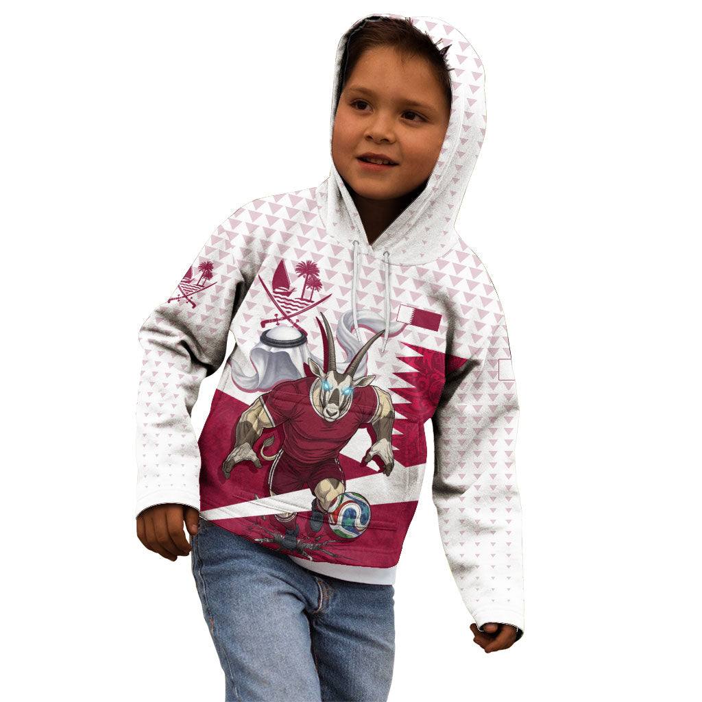 Personalized Qatar Soccer Kid Hoodie Arabian Oryx Football Mascot - Comic Art Geometric