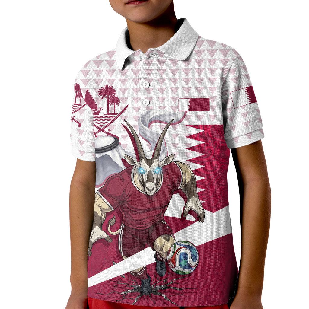 Personalized Qatar Soccer Kid Polo Shirt Arabian Oryx Football Mascot - Comic Art Geometric