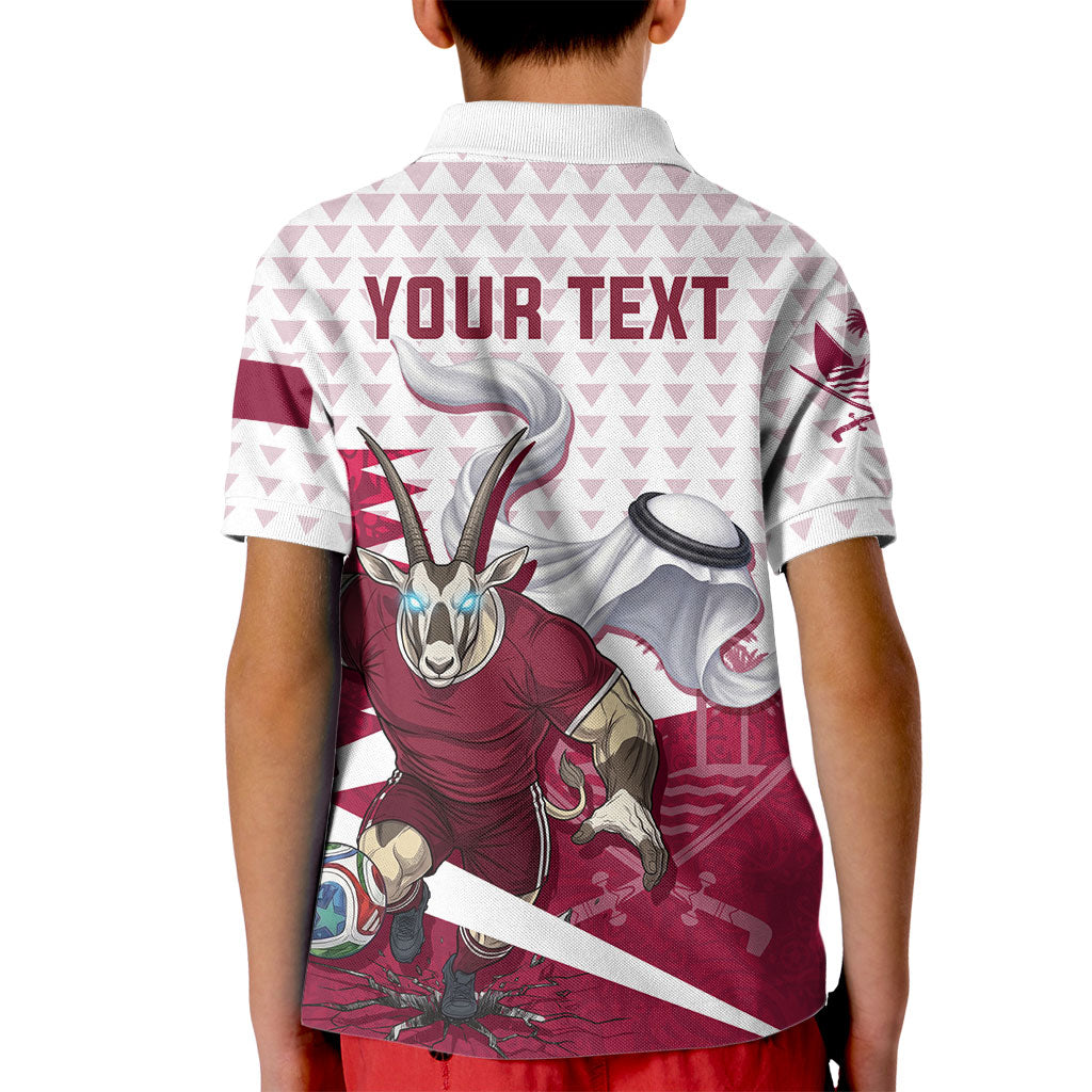 Personalized Qatar Soccer Kid Polo Shirt Arabian Oryx Football Mascot - Comic Art Geometric