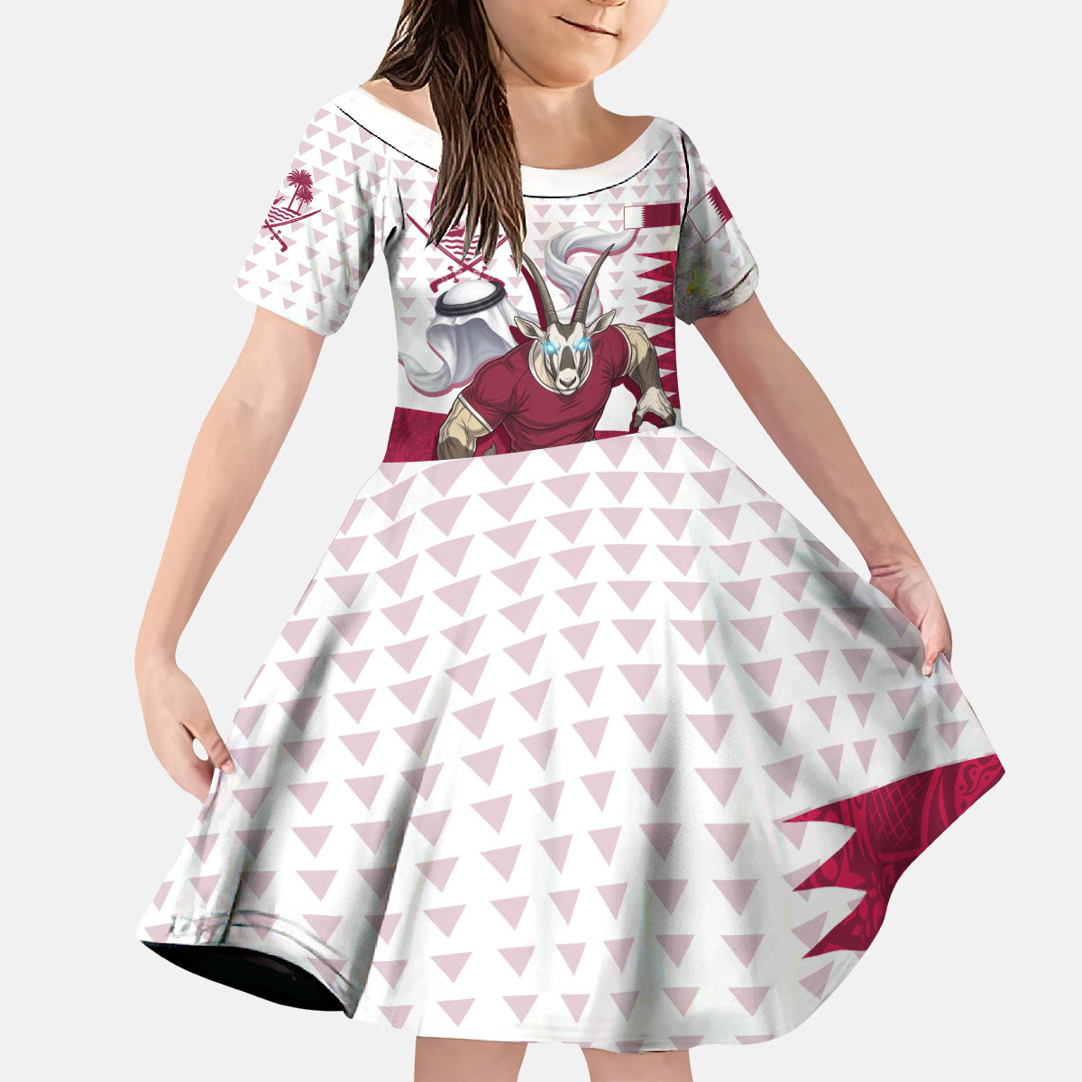Personalized Qatar Soccer Kid Short Sleeve Dress Arabian Oryx Football Mascot - Comic Art Geometric