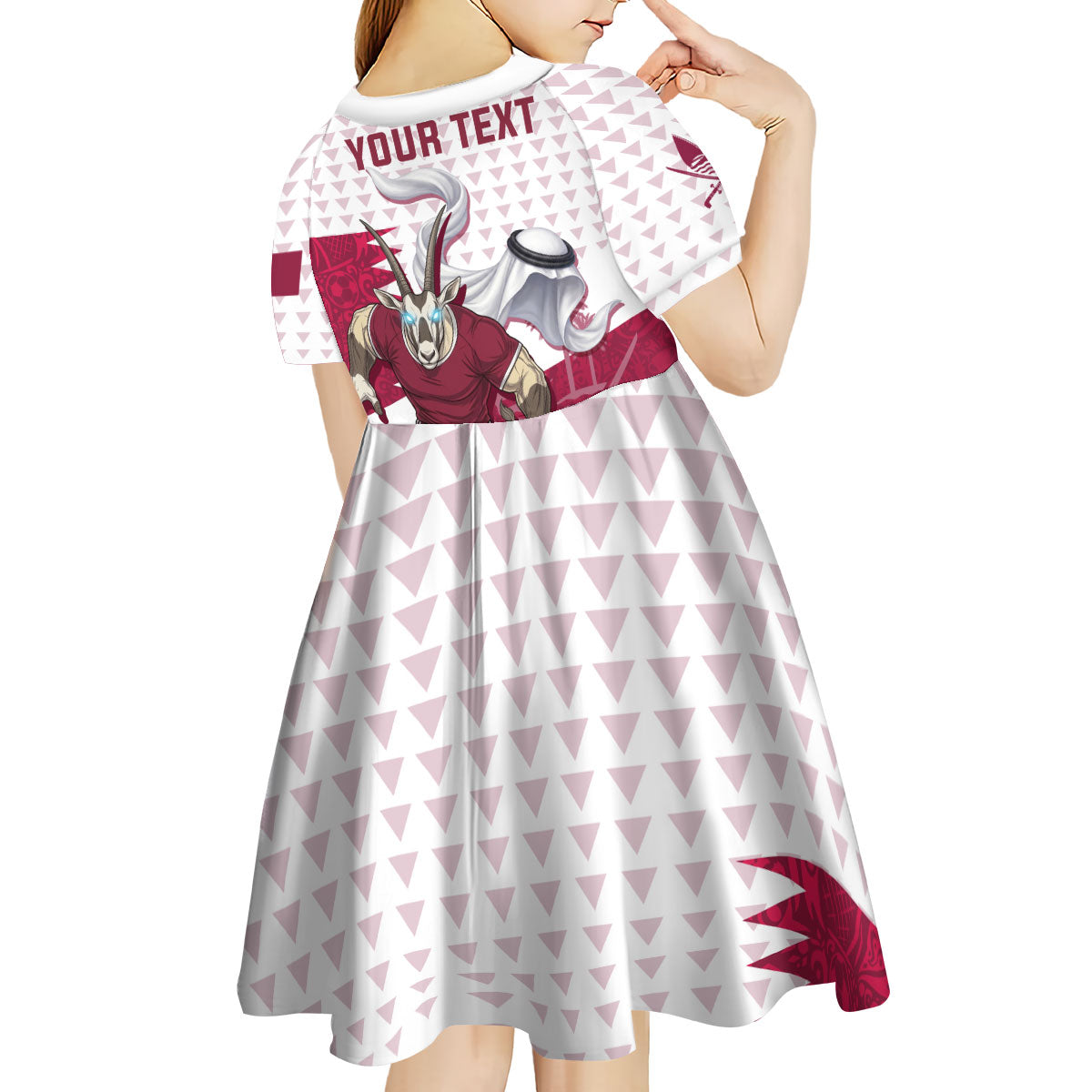 Personalized Qatar Soccer Kid Short Sleeve Dress Arabian Oryx Football Mascot - Comic Art Geometric