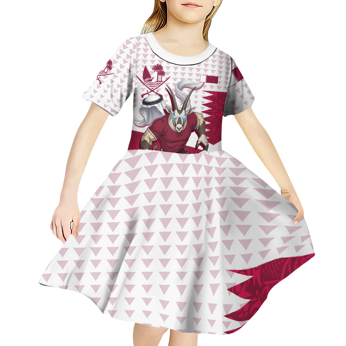 Personalized Qatar Soccer Kid Short Sleeve Dress Arabian Oryx Football Mascot - Comic Art Geometric