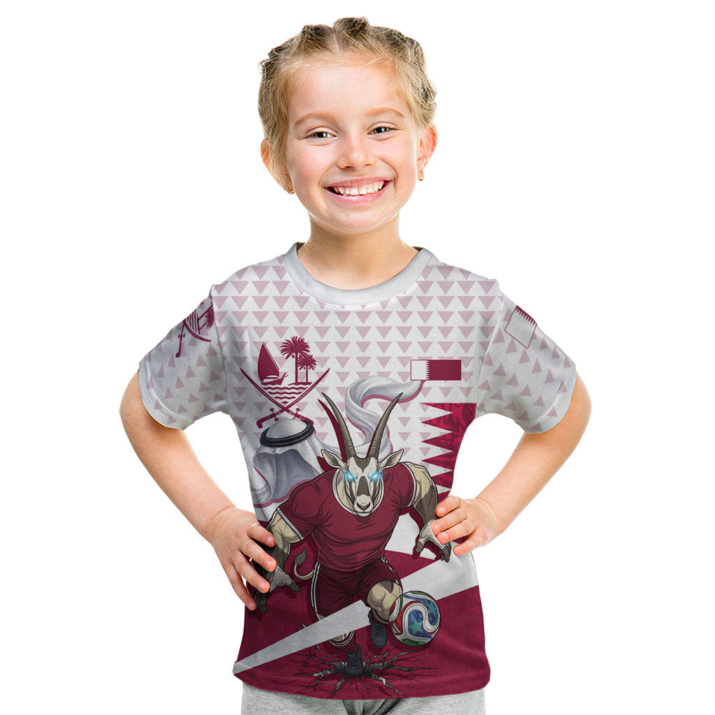 Personalized Qatar Soccer Kid T Shirt Arabian Oryx Football Mascot - Comic Art Geometric