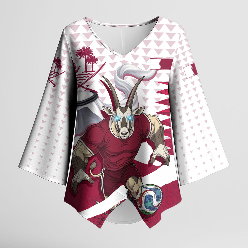 Personalized Qatar Soccer Kimono Sleeve Blouse Arabian Oryx Football Mascot - Comic Art Geometric