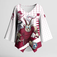 Personalized Qatar Soccer Kimono Sleeve Blouse Arabian Oryx Football Mascot - Comic Art Geometric