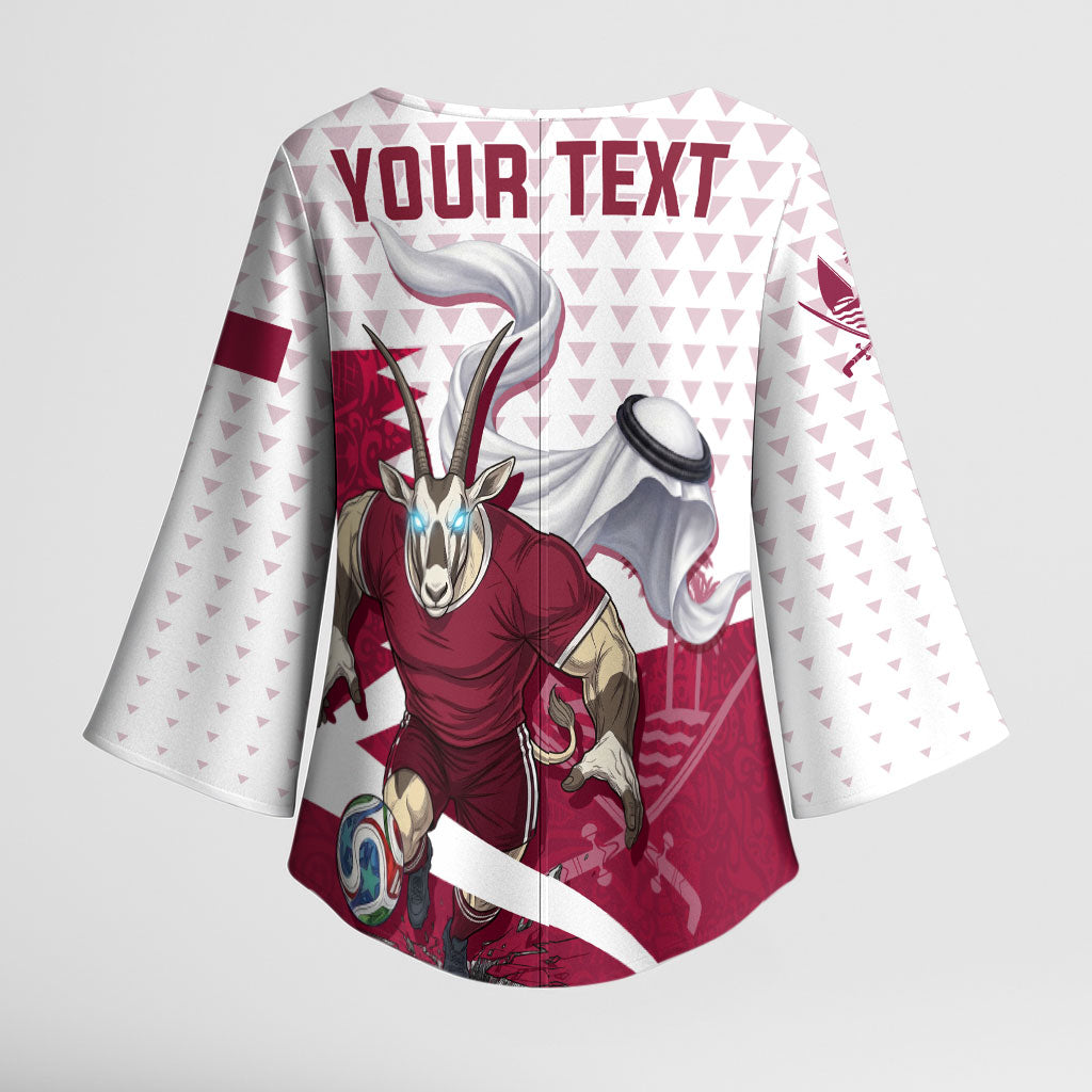 Personalized Qatar Soccer Kimono Sleeve Blouse Arabian Oryx Football Mascot - Comic Art Geometric