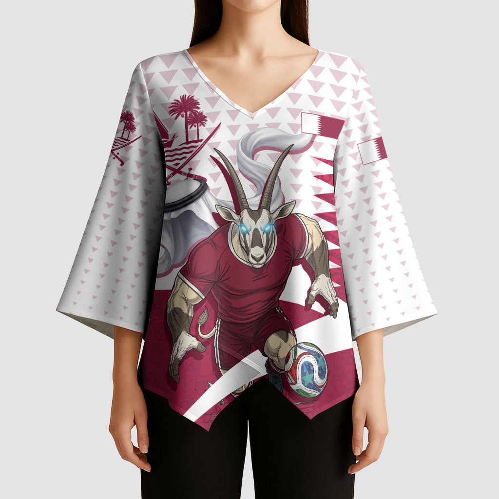 Personalized Qatar Soccer Kimono Sleeve Blouse Arabian Oryx Football Mascot - Comic Art Geometric