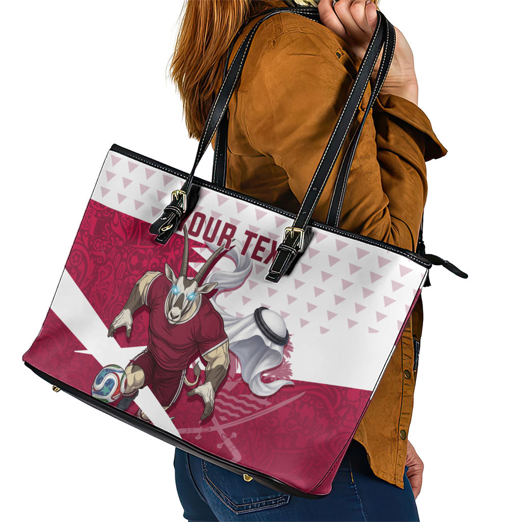 Personalized Qatar Soccer Leather Tote Bag Arabian Oryx Football Mascot - Comic Art Geometric